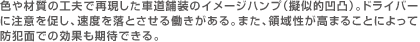 色や材質の工夫で再現した車道舗装のイメージハンプ（擬似的凹凸）。ドライバーに注意を促し、速度を落とさせる働きがある。また、領域性が高まることによって防犯面での効果も期待できる。